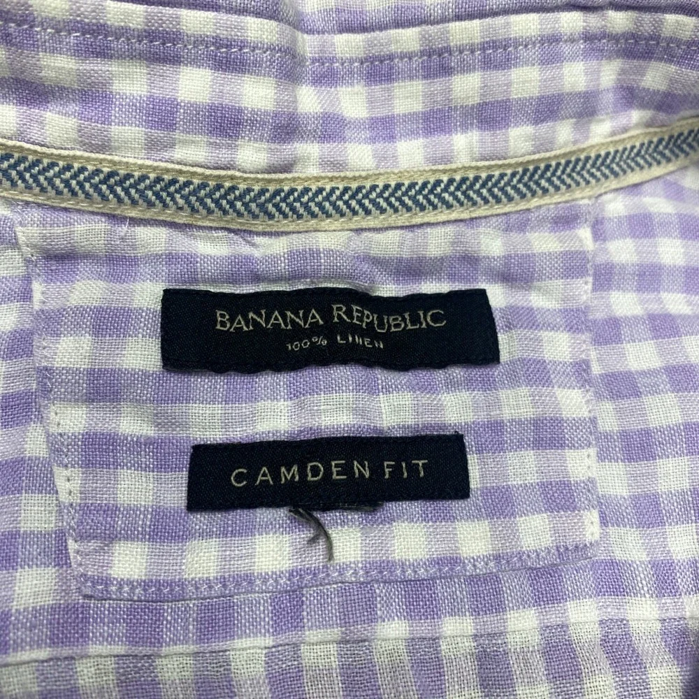 Banana Republic Shirt Mens XL Purple Gingham Linen Camden Fit Short Sleeve